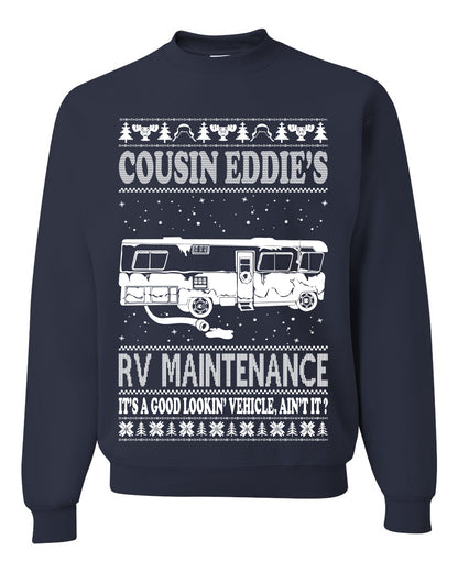 Men's Ugly Holiday Xmas Sweater Long Sleeve Shirt Cousin Eddie's RV Maintenance Family Vacation Ugly Christmas Sweater Unisex Crewneck Sweatshirt
