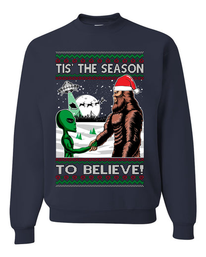 Ugly Unisex Crewneck Christmas Sweater "Bigfoot "Tis' The Season to Believe in Conspiracies, Aliens, and Ufo" Ugly Christmas Sweater Unisex Crewneck Sweatshirt