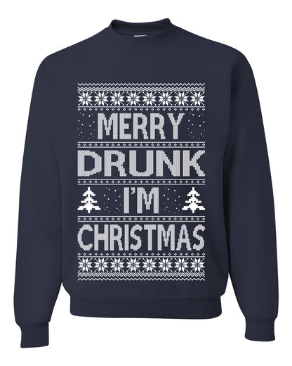 Unisex Graphic Funny Ugly Xmas Sweater Crewneck Sweatshirt, Merry Drunk I'm Christmas, Wine Beer  Drinking, Shark & Hammer Ugly Christmas Sweater Unisex Crewneck Sweatshirt
