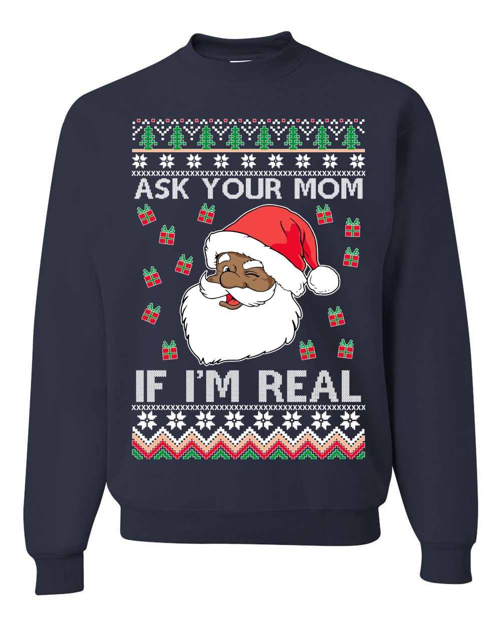 Graphic Ugly Xmas Holiday Sweater Sweatshirt Crewneck Unisex, Ask Your Mom If I'm Real, Black Santa Claus, Shark & Hammer Ugly Christmas Sweater Unisex Crewneck Sweatshirt