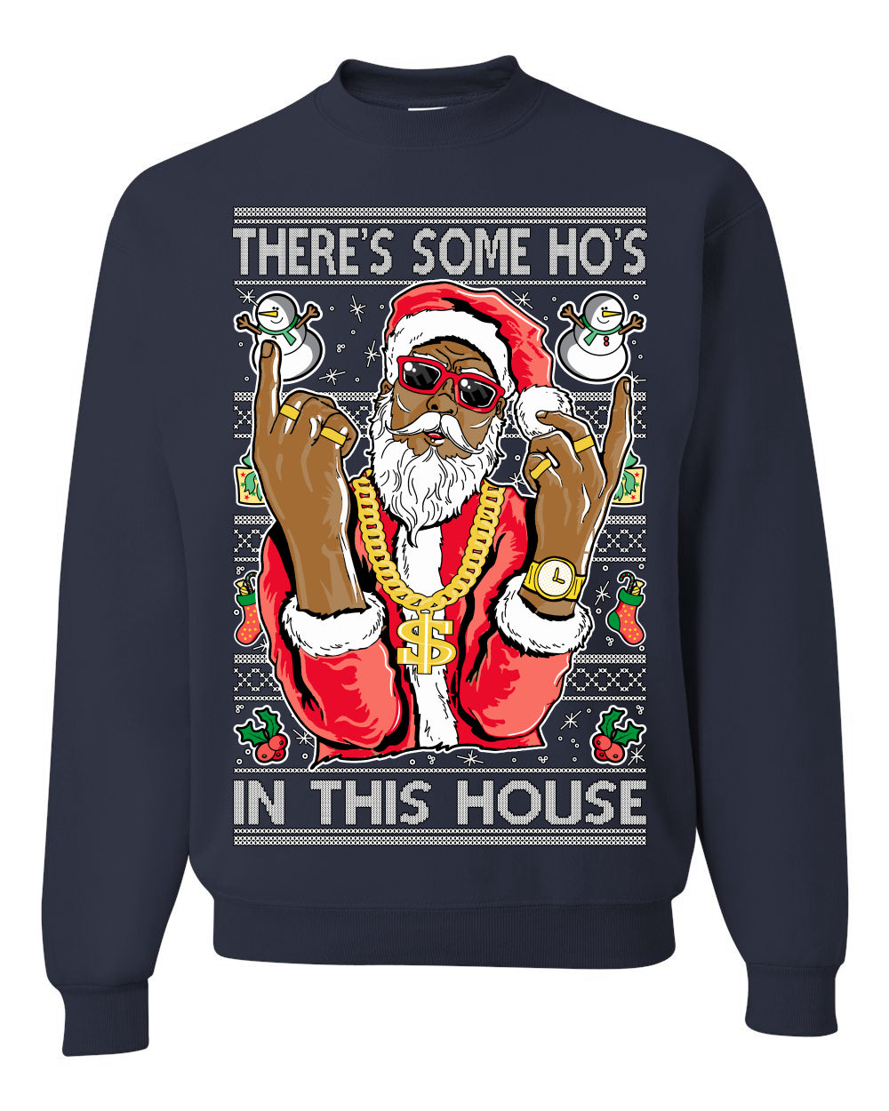 Crewneck Ugly Holiday Unisex Sweatshirt Sweater Graphic Black Santa Claus Gangster Bling Ho's In This House, Shark & Hammer Ugly Christmas Sweater Unisex Crewneck Sweatshirt
