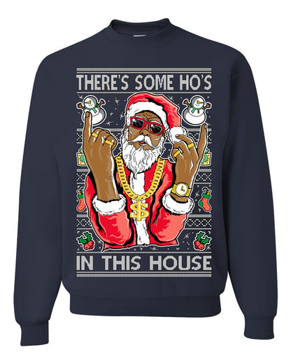 Crewneck Ugly Holiday Unisex Sweatshirt Sweater Graphic Black Santa Claus Gangster Bling Ho's In This House, Shark & Hammer Ugly Christmas Sweater Unisex Crewneck Sweatshirt