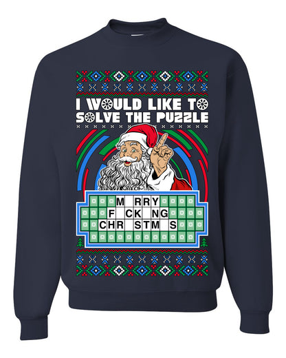 Santa Game Show I'd Like To Solve the Puzzle Wheel Ugly Christmas Sweater, Christmas Gifts, Funny Xmas Gift Idea, Unisex Crewneck Sweatshirt