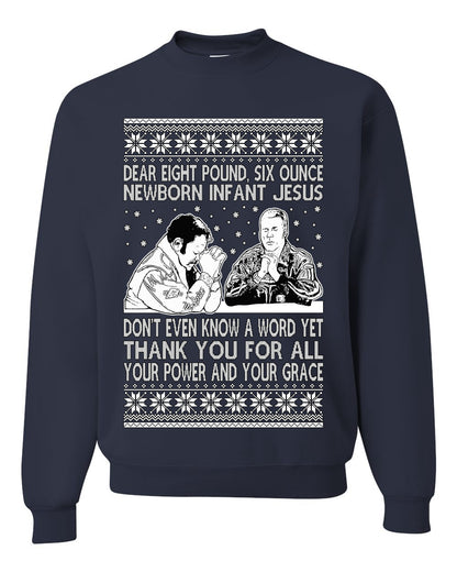 8 Pound 6 Ounce Baby Jesus Shake and Bake, Birthday Jesus, Funny Xmas Gift Idea, Ugly Christmas Sweater Unisex Crewneck Sweatshirt