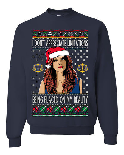 Donna TV Show Parody Don't Appreciate Limitations Being Placed, Christmas Gifts, Funny Xmas Gift Idea, Ugly Christmas Sweater Unisex Crewneck Sweatshirt