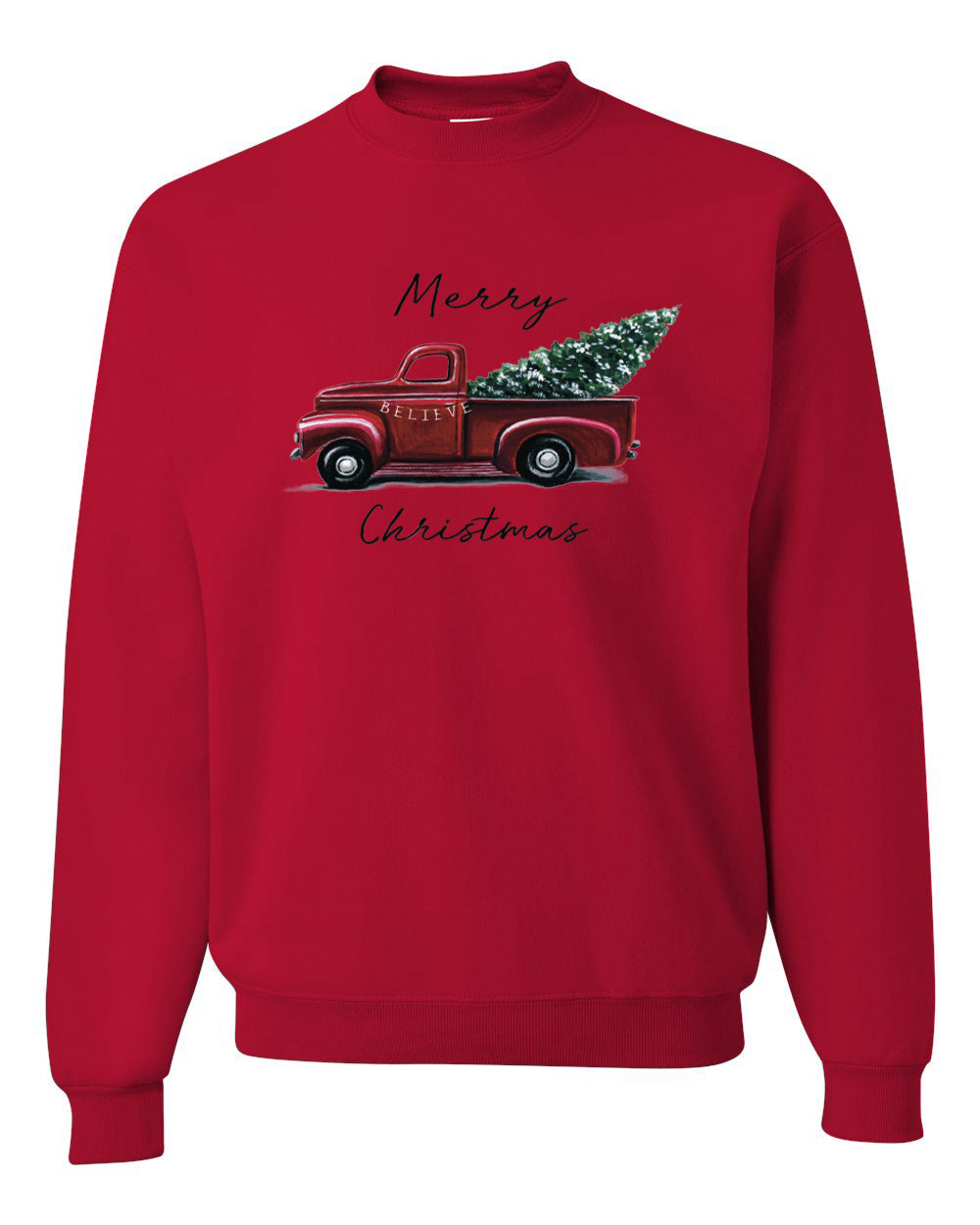 Men's Graphic Shirt, Red Pick Up Truck, Merry Christmas Ugly Christmas Sweater Unisex Crewneck Sweatshirt