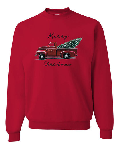 Men's Graphic Shirt, Red Pick Up Truck, Merry Christmas Ugly Christmas Sweater Unisex Crewneck Sweatshirt
