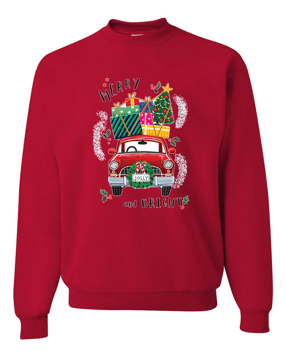 Men's Christmas Long Sleeve Shirt, Merry and Bright Red Car Ugly Christmas Sweater Unisex Crewneck Sweatshirt