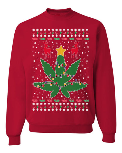 Crewneck Graphic Ugly Holiday Unisex Sweater Sweatshirt Christmas Lights, Deer Marijuana Lit Leaf Weed Pot  Ugly Christmas Sweater Unisex Crewneck Sweatshirt