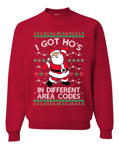 Funny Ugly Unisex Graphic Christmas Hoodie Sweater Sweatshirt "I Got Ho's in Different Area Codes" Ugly Christmas Sweater Unisex Crewneck Sweatshirt