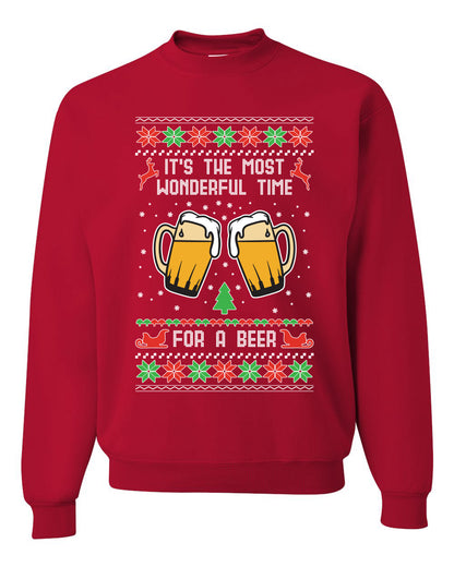 Men's Ugly Christmas Sweater Long Sleeve Shirt, "It's The Most Wonderful Time for a Beer" Ugly Christmas Sweater Unisex Crewneck Sweatshirt
