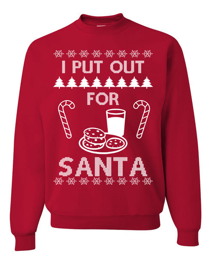 Funny Adult Men's Ugly Holiday Xmas Sweater, "I Put Out for Santa", Milk Cookies Candy Ugly Christmas Sweater Unisex Crewneck Sweatshirt