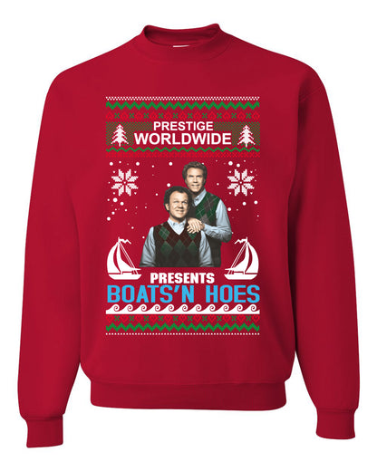 Prestige Worldwide Boats N' Hoes Step Brothers, Christmas Gifts, Funny Xmas Gift Idea, Ugly Christmas Sweater Unisex Crewneck Sweatshirt