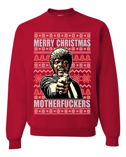 Unisex Graphic Ugly Xmas Sweater Crewneck Sweatshirt, Merry Christmas Motherfuckers Ugly Christmas Sweater Unisex Crewneck Sweatshirt