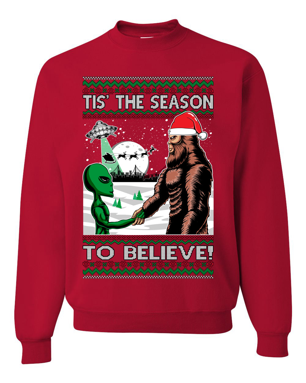 Ugly Unisex Crewneck Christmas Sweater "Bigfoot "Tis' The Season to Believe in Conspiracies, Aliens, and Ufo" Ugly Christmas Sweater Unisex Crewneck Sweatshirt