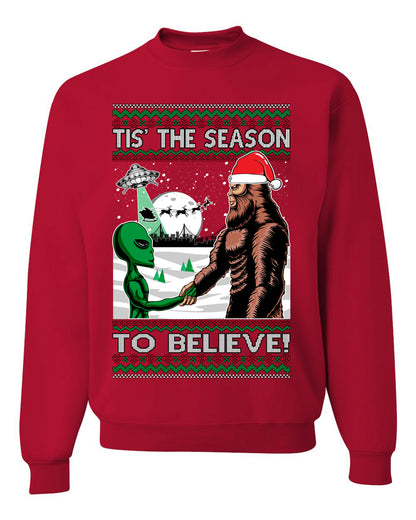 Ugly Unisex Crewneck Christmas Sweater "Bigfoot "Tis' The Season to Believe in Conspiracies, Aliens, and Ufo" Ugly Christmas Sweater Unisex Crewneck Sweatshirt