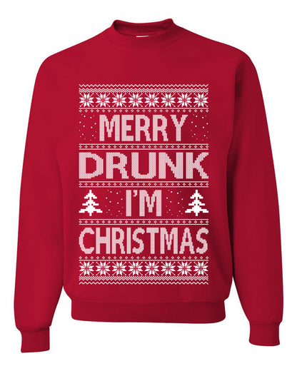 Unisex Graphic Funny Ugly Xmas Sweater Crewneck Sweatshirt, Merry Drunk I'm Christmas, Wine Beer  Drinking, Shark & Hammer Ugly Christmas Sweater Unisex Crewneck Sweatshirt