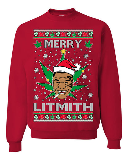 Unisex Ugly Xmas Crewneck Sweater Sweatshirt, Merry Lithmith Tyson, Joint Weed Pot Leaf Stoner Ugly Christmas Sweater Unisex Crewneck Sweatshirt