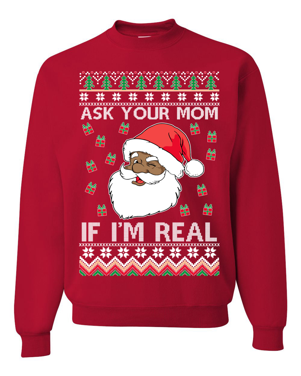 Graphic Ugly Xmas Holiday Sweater Sweatshirt Crewneck Unisex, Ask Your Mom If I'm Real, Black Santa Claus, Shark & Hammer Ugly Christmas Sweater Unisex Crewneck Sweatshirt