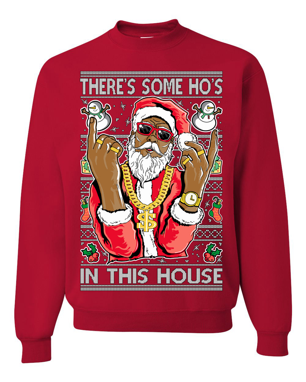 Crewneck Ugly Holiday Unisex Sweatshirt Sweater Graphic Black Santa Claus Gangster Bling Ho's In This House, Shark & Hammer Ugly Christmas Sweater Unisex Crewneck Sweatshirt