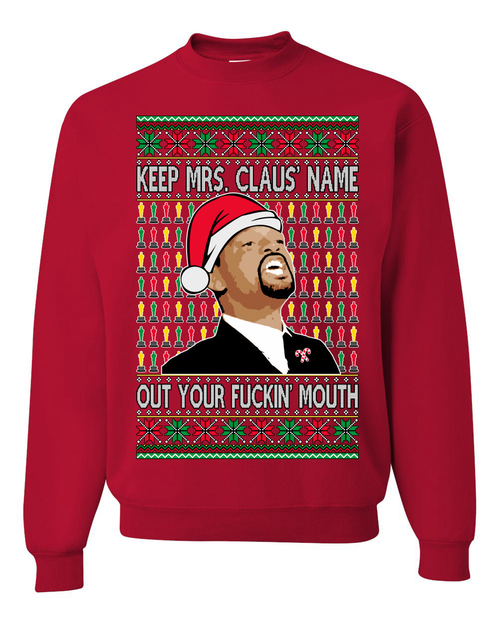 Will Smith Slapping Chris Rock Meme "Get Mrs Claus' Name Out of Your Mouth" Shark & Hammer, Graphic Unisex Ugly Xmas Sweater Sweatshirt Ugly Christmas Sweater Unisex Crewneck Sweatshirt