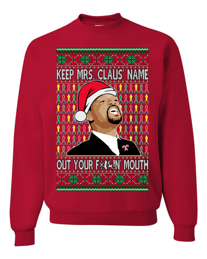 Unisex Ugly Xmas Graphic Crewneck Sweater Sweatshirt Will Smith Slaps Chris Rock Meme Mrs Claus' Name Out Your Mouth Shark & Hammer Ugly Christmas Sweater Unisex Crewneck Sweatshirt