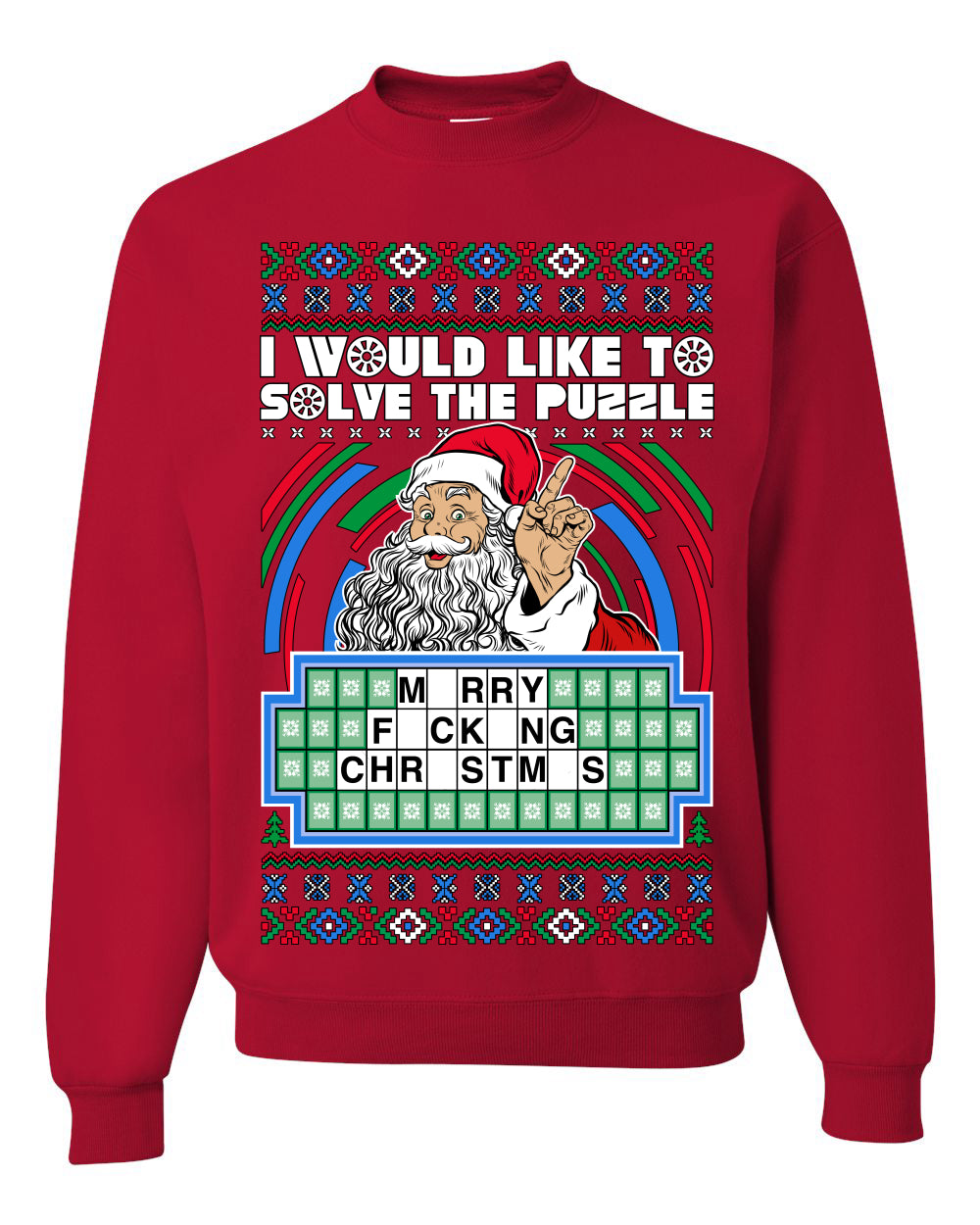 Santa Game Show I'd Like To Solve the Puzzle Wheel Ugly Christmas Sweater, Christmas Gifts, Funny Xmas Gift Idea, Unisex Crewneck Sweatshirt