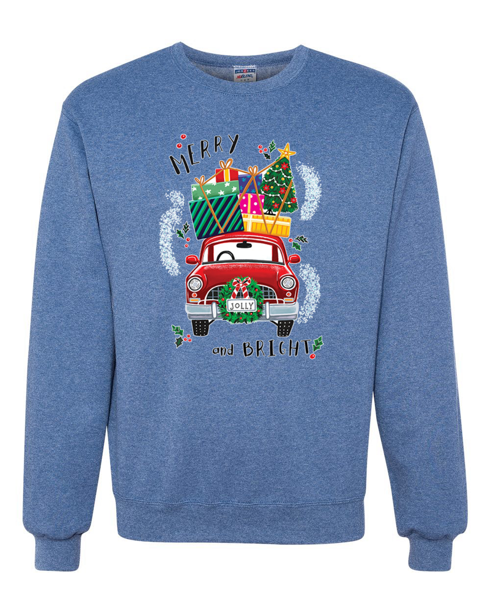 Men's Christmas Long Sleeve Shirt, Merry and Bright Red Car Ugly Christmas Sweater Unisex Crewneck Sweatshirt