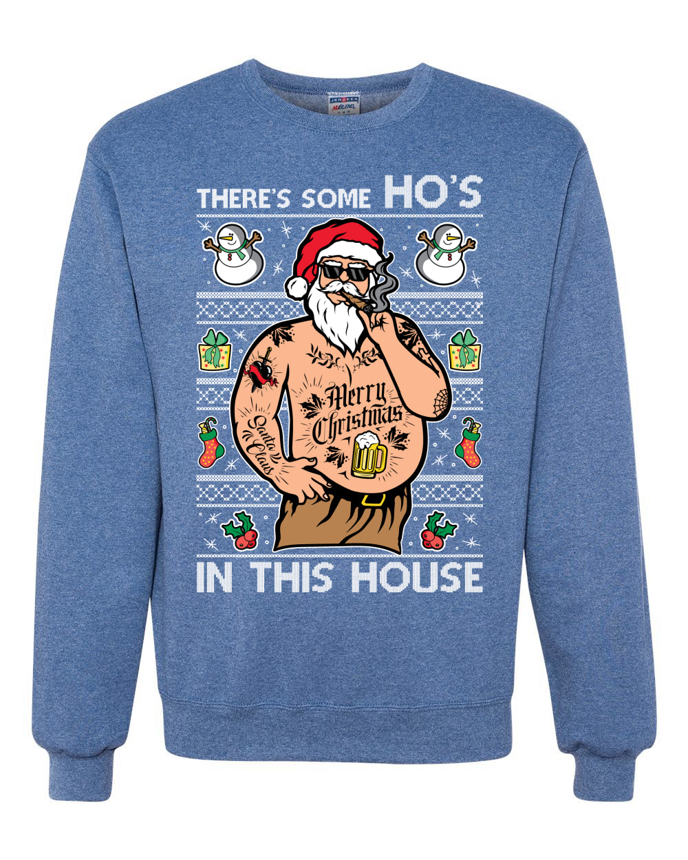 "There's Some Ho's In This House" Crewneck Graphic Unisex Ugly Holiday Xmas Sweater Sweatshirt, Wild Bobby Ugly Christmas Sweater Unisex Crewneck Sweatshirt