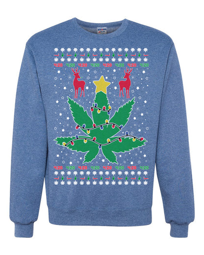 Crewneck Graphic Ugly Holiday Unisex Sweater Sweatshirt Christmas Lights, Deer Marijuana Lit Leaf Weed Pot  Ugly Christmas Sweater Unisex Crewneck Sweatshirt