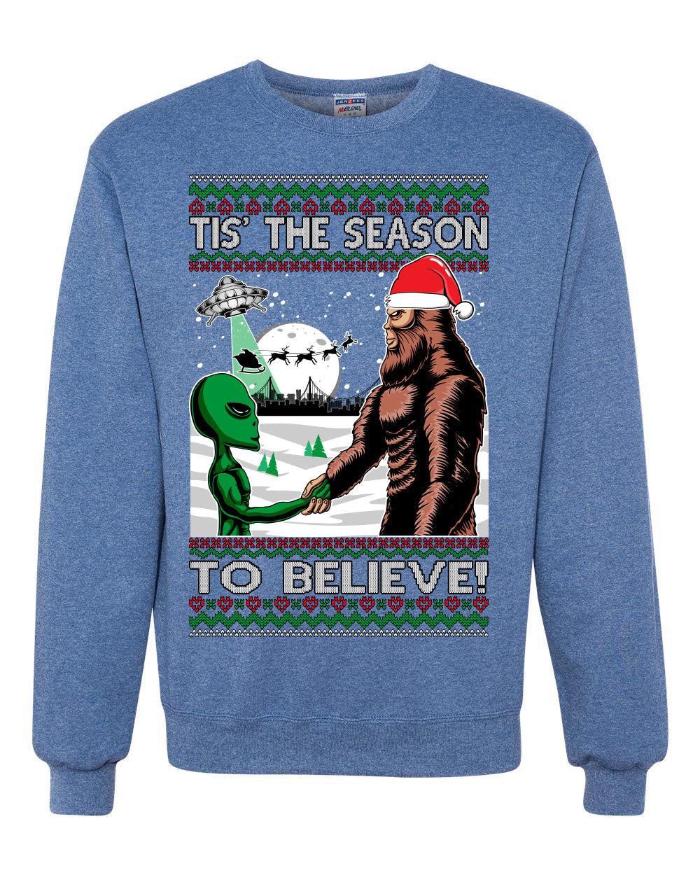 Ugly Unisex Crewneck Christmas Sweater "Bigfoot "Tis' The Season to Believe in Conspiracies, Aliens, and Ufo" Ugly Christmas Sweater Unisex Crewneck Sweatshirt