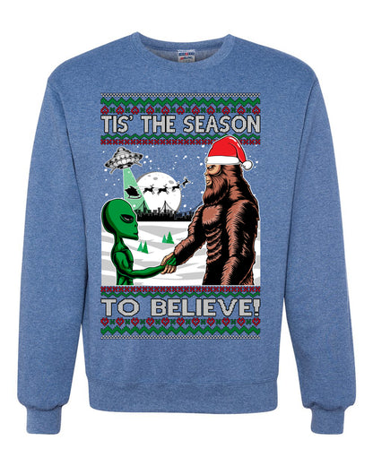 Ugly Unisex Crewneck Christmas Sweater "Bigfoot "Tis' The Season to Believe in Conspiracies, Aliens, and Ufo" Ugly Christmas Sweater Unisex Crewneck Sweatshirt