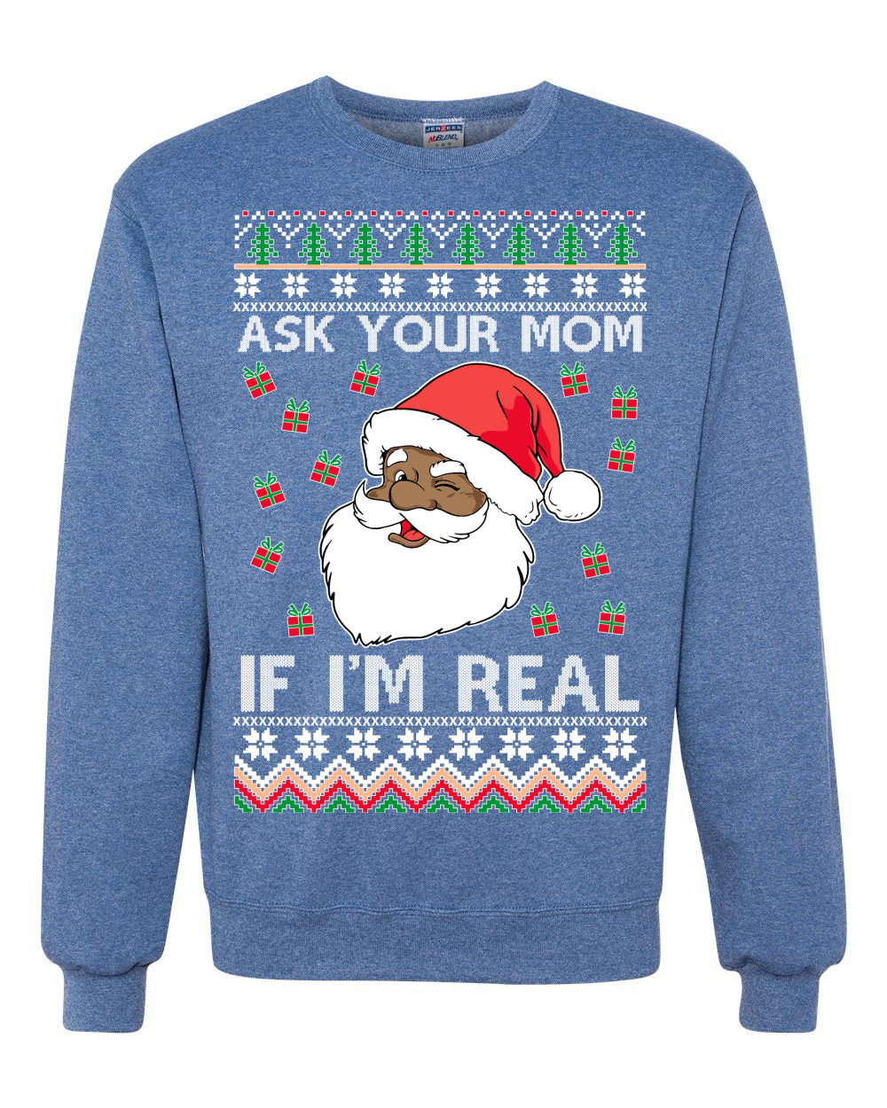 Graphic Ugly Xmas Holiday Sweater Sweatshirt Crewneck Unisex, Ask Your Mom If I'm Real, Black Santa Claus, Shark & Hammer Ugly Christmas Sweater Unisex Crewneck Sweatshirt