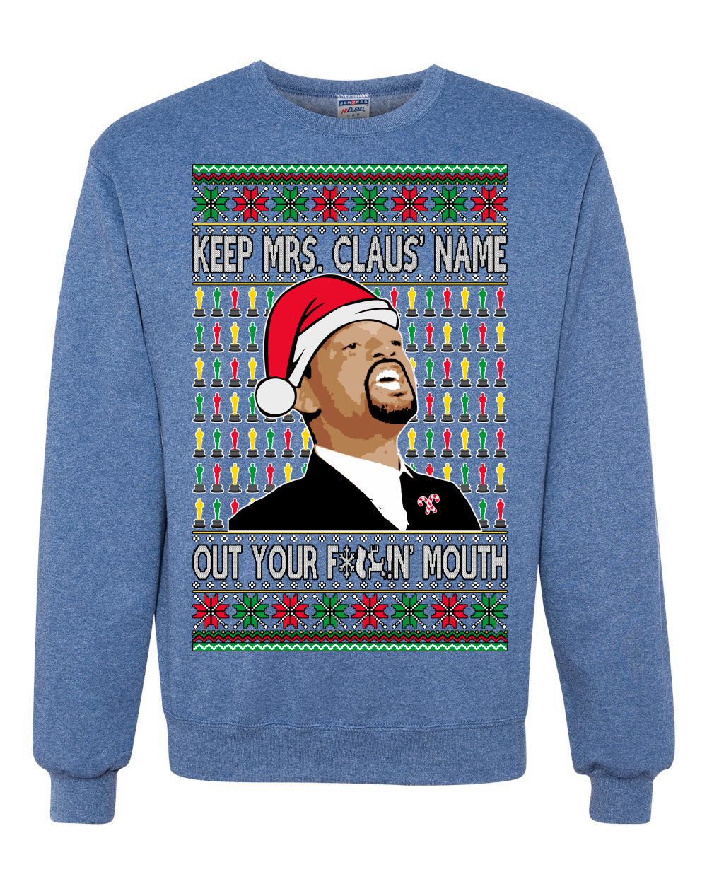 Unisex Ugly Xmas Graphic Crewneck Sweater Sweatshirt Will Smith Slaps Chris Rock Meme Mrs Claus' Name Out Your Mouth Shark & Hammer Ugly Christmas Sweater Unisex Crewneck Sweatshirt