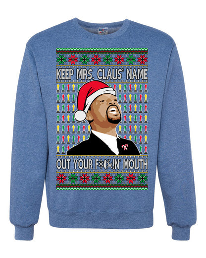 Unisex Ugly Xmas Graphic Crewneck Sweater Sweatshirt Will Smith Slaps Chris Rock Meme Mrs Claus' Name Out Your Mouth Shark & Hammer Ugly Christmas Sweater Unisex Crewneck Sweatshirt