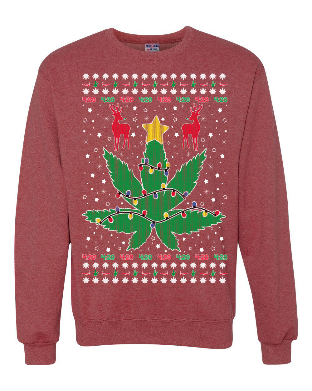 Crewneck Graphic Ugly Holiday Unisex Sweater Sweatshirt Christmas Lights, Deer Marijuana Lit Leaf Weed Pot  Ugly Christmas Sweater Unisex Crewneck Sweatshirt