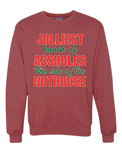 Ugly Christmas Butcher Graphic Apron, Cooking BBQ Grilling Kitchen, "Jolliest Bunch of Assholes This Side of Nuthouse", Wild Bobby Ugly Christmas Sweater Unisex Crewneck Sweatshirt