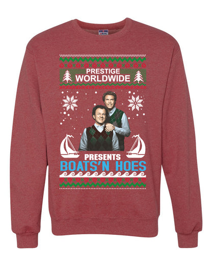 Prestige Worldwide Boats N' Hoes Step Brothers, Christmas Gifts, Funny Xmas Gift Idea, Ugly Christmas Sweater Unisex Crewneck Sweatshirt