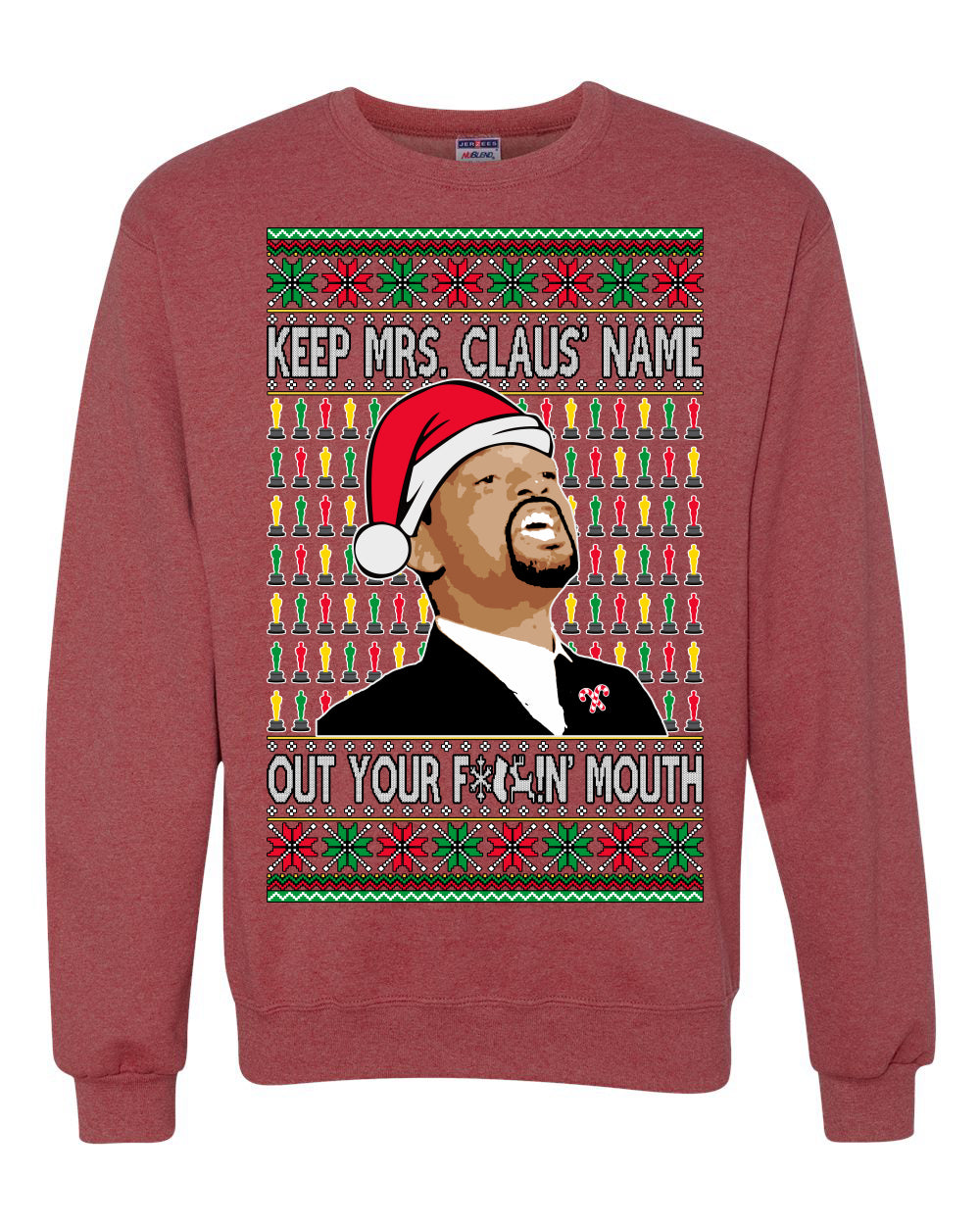 Unisex Ugly Xmas Graphic Crewneck Sweater Sweatshirt Will Smith Slaps Chris Rock Meme Mrs Claus' Name Out Your Mouth Shark & Hammer Ugly Christmas Sweater Unisex Crewneck Sweatshirt