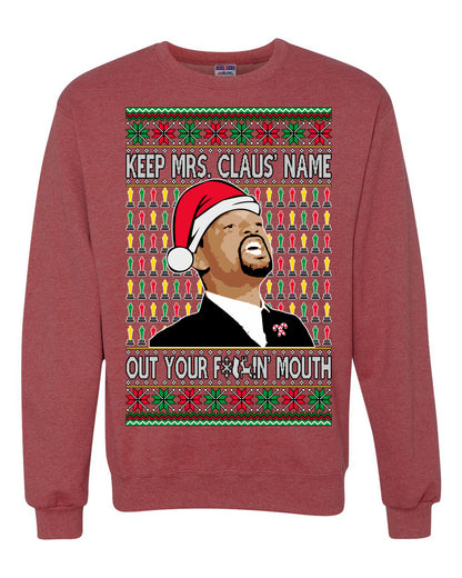 Unisex Ugly Xmas Graphic Crewneck Sweater Sweatshirt Will Smith Slaps Chris Rock Meme Mrs Claus' Name Out Your Mouth Shark & Hammer Ugly Christmas Sweater Unisex Crewneck Sweatshirt