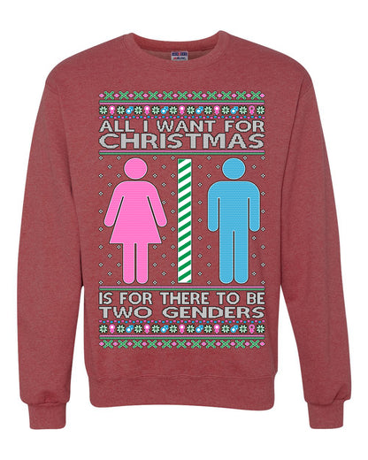 All I Want For Christmas Is For There To Be Two Genders, Christmas Gifts, Funny Xmas Gift Idea Ugly Christmas Sweater Unisex Crewneck Sweatshirt